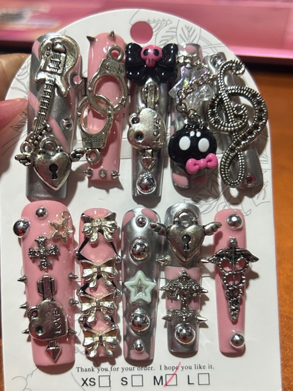 Punk Rock Nail Charms Set with Silver Accents - Cute Bow & Star Designs XL long